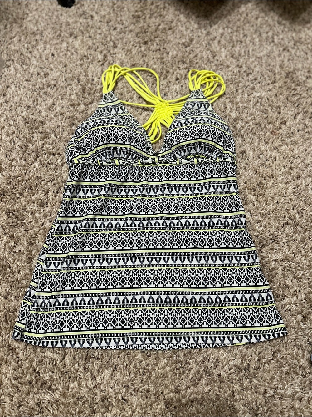 SO Black & Neon Yellow Patterned Swim Top